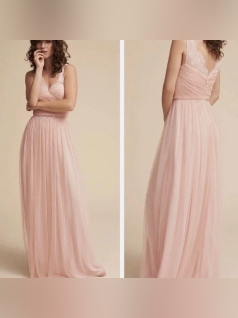 Anthropologie Hitherto BHLDN Blush Lace & Tulle Gown | Romantic V-Neck Maxi Dres